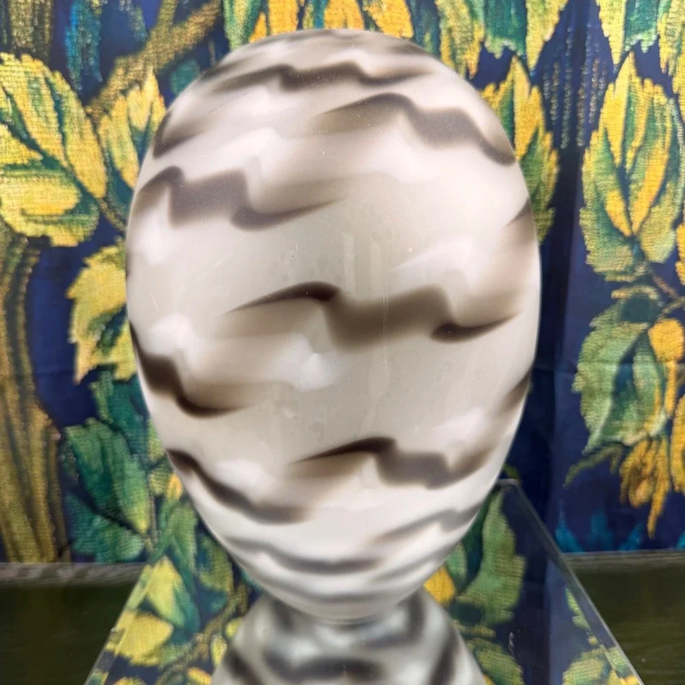 Frosted Art Glass Egg Vase Smoky Grey Wavy Pattern Large Sculptural Vessel 11.5